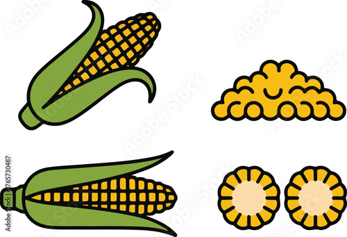 Set of Corn Cob and Kernel Icons - Colored Flat Line Art Vector