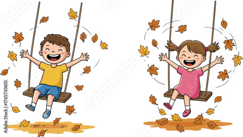 Children swinging in autumn, fall leaves, outdoor play, seasonal joy, happy kids, playground fun, nature scene, childhood moment, rope swing, smiles
