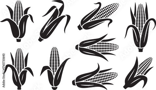 Set of Corn Cobs with Husks Silhouettes - Harvest Food Vector