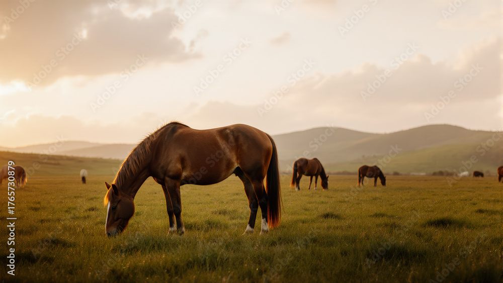 Obraz premium Peaceful horses in a lush green field. The soft sunset light and cloudy sky make this a perfect visual for nature projects