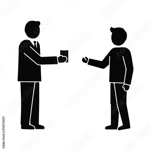 Two businessmen exchanging documents in a simple iconographic style