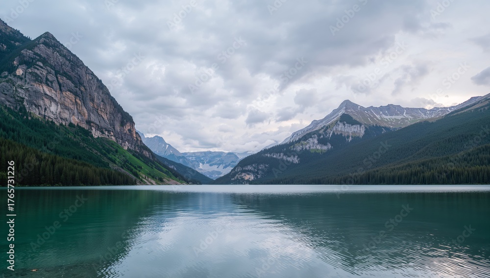 Obraz premium Serene Waterscape with Mountainous Surroundings, Cloudy Sky Reflection on Lake Surface.