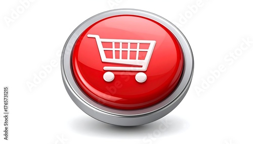 Red glossy button with shopping cart icon, surrounded by metal trim, casting a soft shadow on a white background