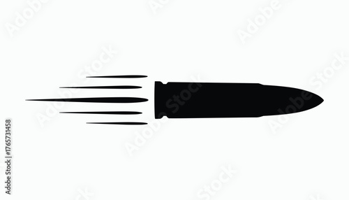 Black bullet in motion with speed lines on white background, projectile ammunition.
