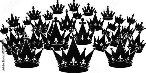 A large group of royal crowns in a dense cluster presented in a striking black silhouette style