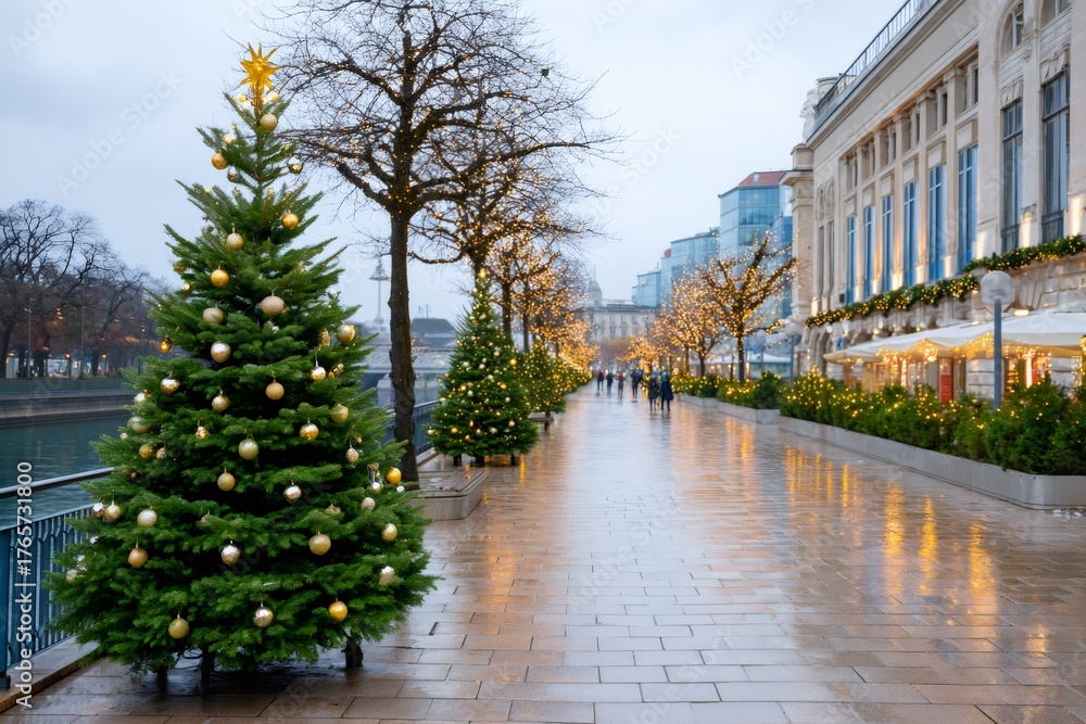 Fototapeta premium Christmas trees illuminating urban wet promenade in winter
