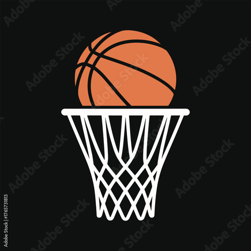 Orange basketball resting on white net against black background sport