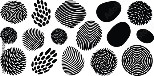 Collection of diverse fingerprint patterns and abstract oval shapes in a striking black and white silhouette illustration silhouette