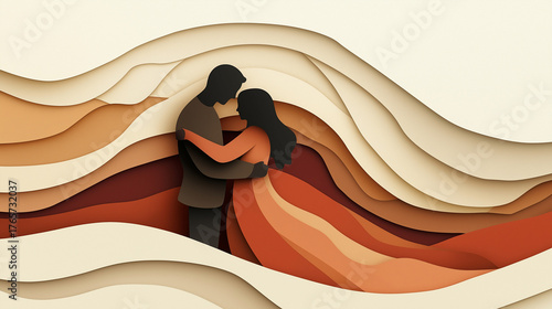 Romantic paper cut illustration of a couple embracing amidst layered abstract waves