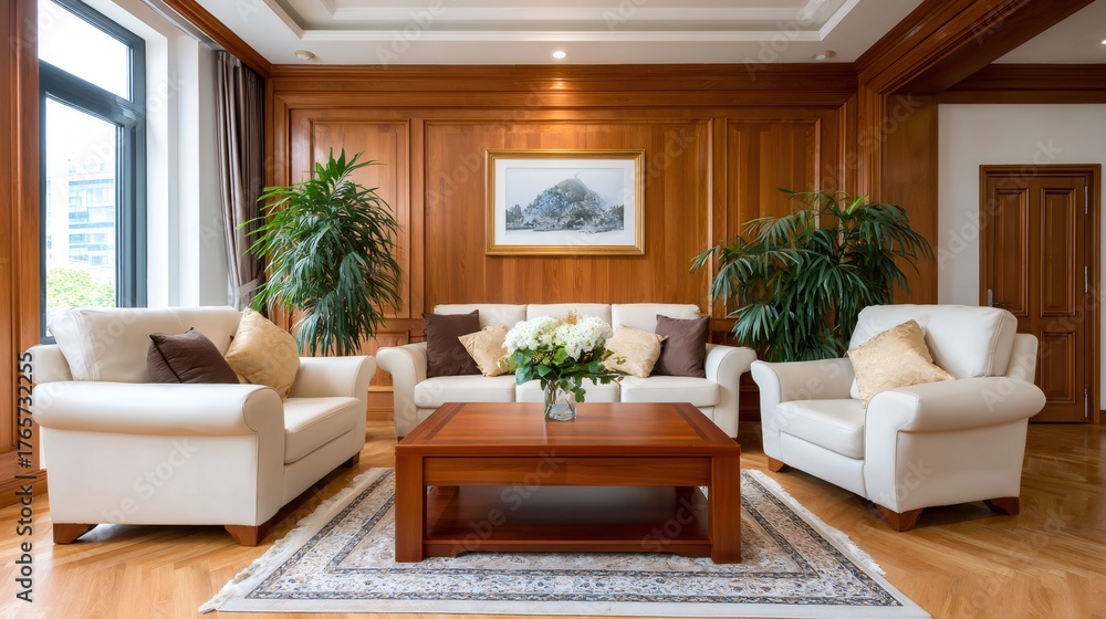 Fototapeta premium Upscale living room interior with wood paneling and white sofas