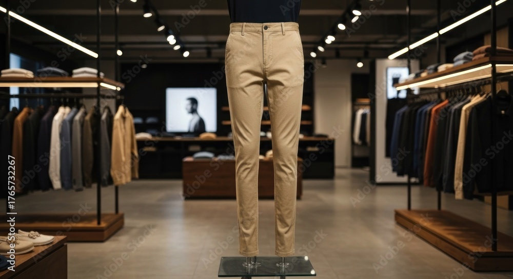 Obraz premium Mannequin showcasing tailored trousers in upscale, well-lit menswear shop