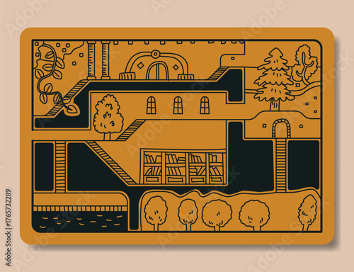 Minimalist vector illustration of an underground dungeon map with rooms, stairs, doors, trees, and secret library. Flat two-tone design in warm earthy colors, perfect for adventure game design, fantas