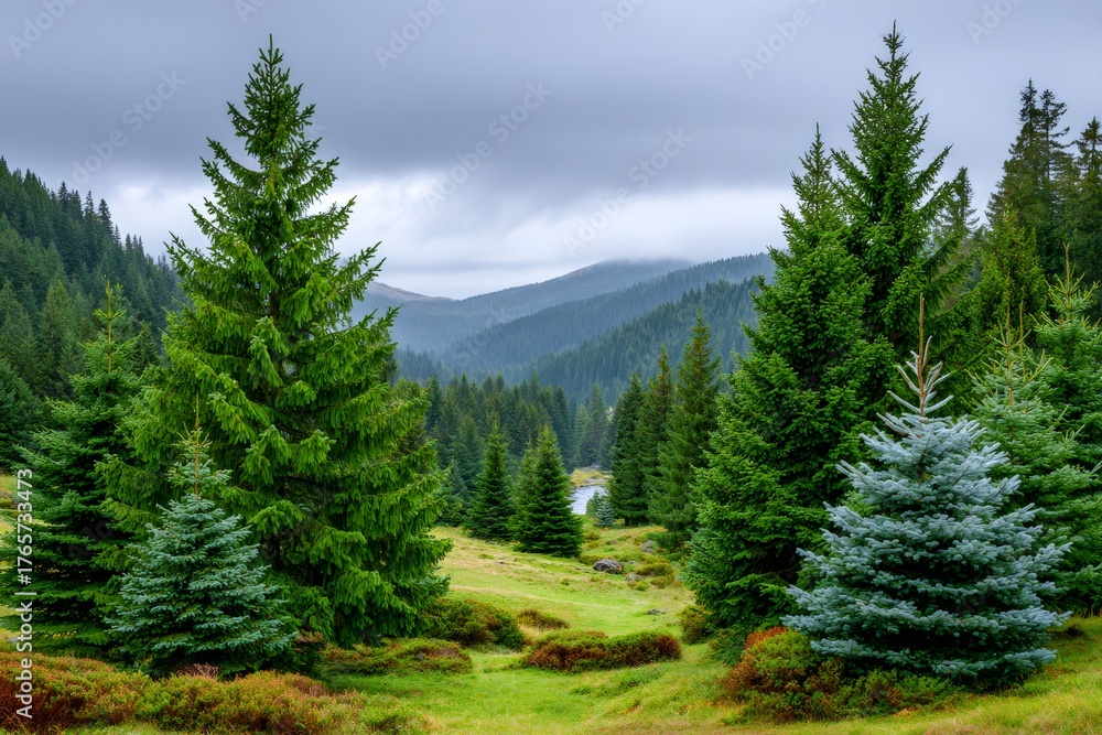 Fototapeta premium Spruce forest valley featuring green trees and cloudy mountains