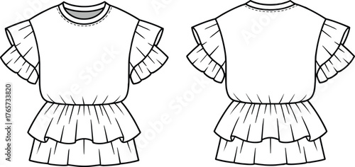 Girl dress fashion sketch, ruffle sleeve illustration, tiered skirt design, children clothing template, garment flat drawing, apparel technical outline