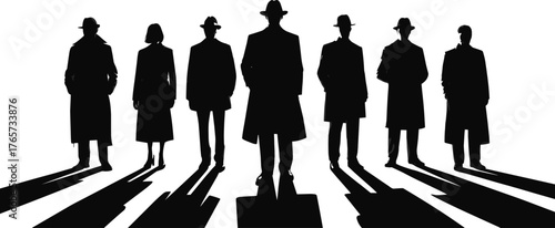 Mysterious silhouetted figures in trench coats, detective team shadows, secret agents standing together, espionage concept, unity, leadership, mystery illustration