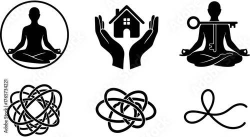 Mental health and problem solving glyph icon set. Symbols of meditation, chaos, untangling and solving. Isolated black vector illustration on white background. Minimal design for web and app.