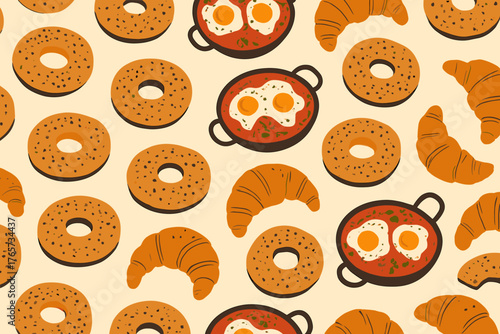 Seamless breakfast pattern with eggs, bagels, and croissants