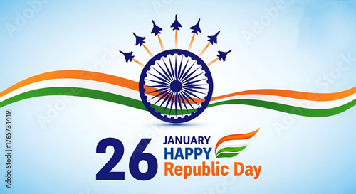 26 january republic day of india celebration with wavy indian flag and fighter jets vector