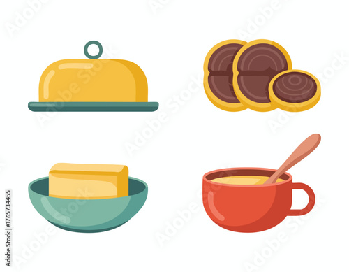 Four images show butter under a dome in a bowl beside cookies and in a mug with a spoon
