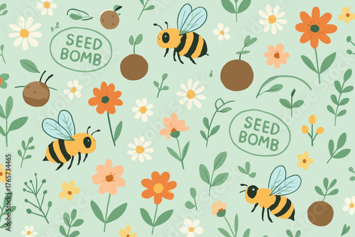Whimsical seed bomb and bee floral pattern on mint green background