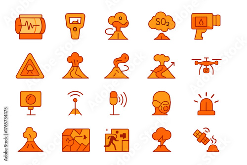 Volcanic eruption icons seamless pattern with monitoring and safety symbols