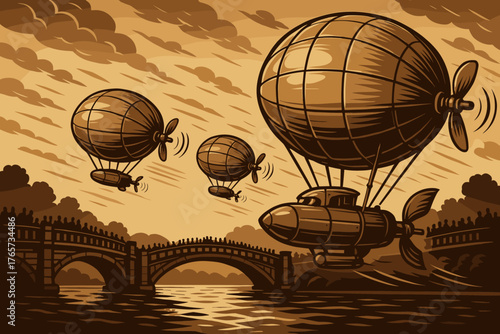 Vintage airships flying over river bridge at sunset