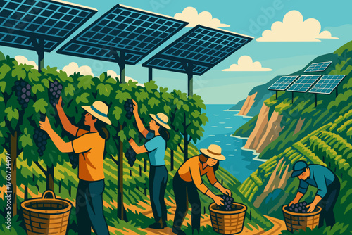 Grape harvest in coastal vineyard with solar panels
