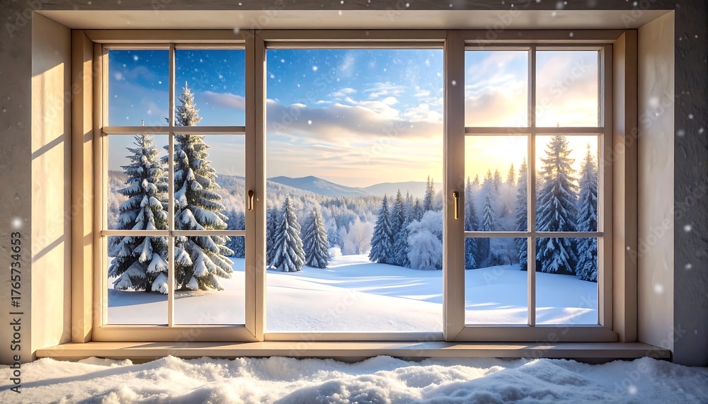 Obraz premium Snowy winter landscape viewed through a window. Snow is inside on the window ledge and falling outside