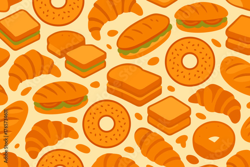 Seamless pattern of sandwiches, bagels, and croissants, vector