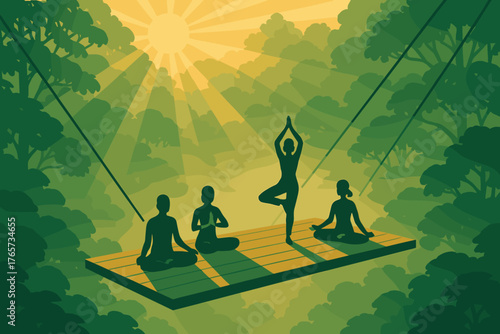 People doing yoga on floating platform in jungle sunrise, vector