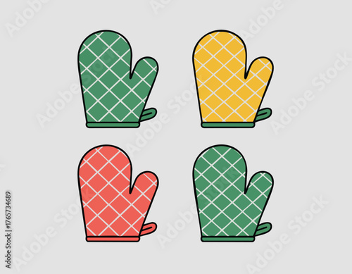 Four oven mitts in two rows of green yellow red and green with grid pattern and dark borders on a grey background