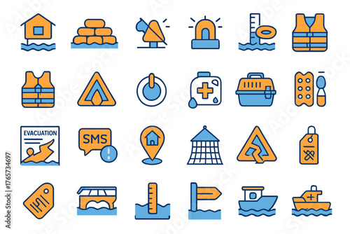 Flood Relief & Emergency Response Icons – Evacuation, Rescue, Safety Equipment & Alerts