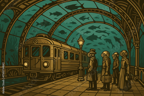 Vintage-style underwater train station with divers and fish