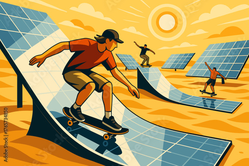 Skaters riding solar panel ramps in desert under bright sun