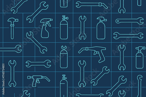 Seamless blueprint-style pattern of tools and spray bottles
