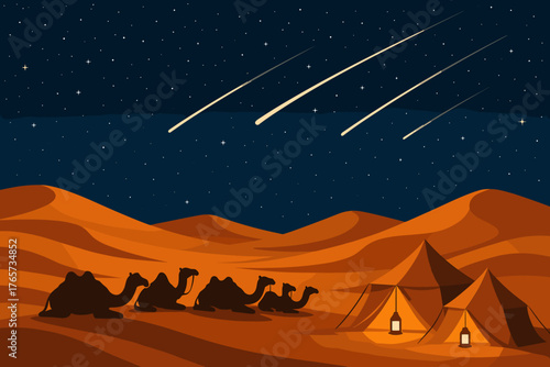 Starry desert night with camels resting beside tents under meteor shower