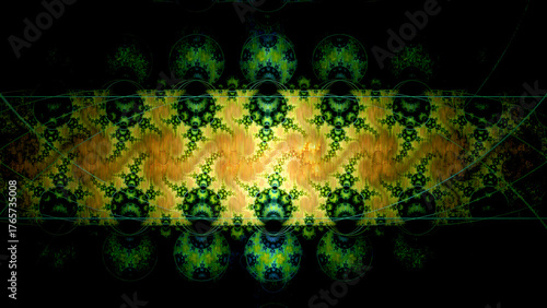Dark abstract fractal background with a central ornate geometric band in green, blue, and yellow-brown tones