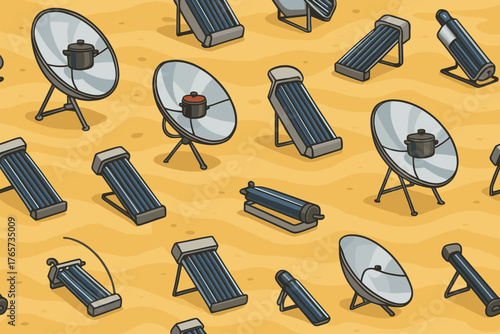 Solar cooker and water heater seamless pattern in desert setting