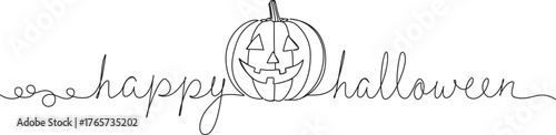 continuous single line drawing of jack-o-lantern halloween pumpkin with text happy halloween, line art vector illustration