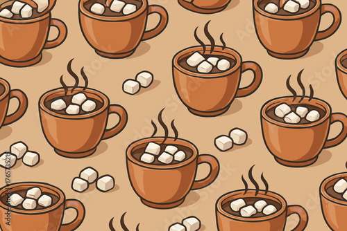 Hot cocoa with marshmallows seamless vector pattern