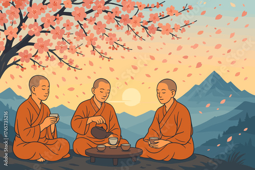 Peaceful tea ceremony with monks at sunrise under blossoms