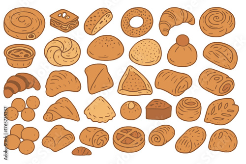 Rustic Bakery Icons – Hand-Drawn Bread, Pastries & Buns Collection