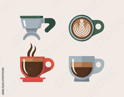 Four stylized coffee illustrations filter latte art steamy cup and layered espresso