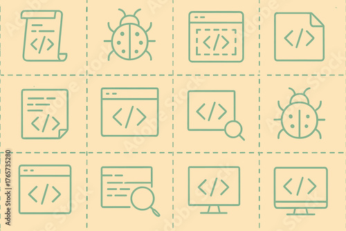 Grid of coding and bug icons on kraft paper background – development and debugging concept