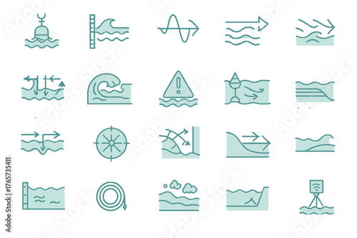 Set of oceanographic and wave measurement icons in blue tones