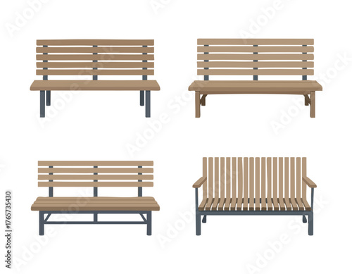 Four vectorstyle benches in a light brown color sit in a simple clean arrangement