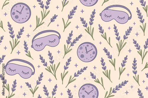 Seamless soothing sleep pattern with lavender, eye masks, moon clocks, and stars