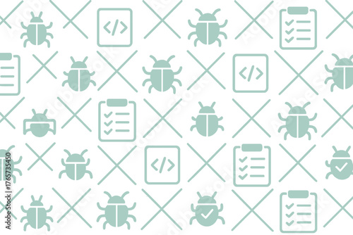 Seamless debugging pattern with software bugs, code icons, and checklist symbols