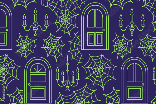 Spooky seamless Halloween pattern with doors, chandeliers, and spider webs