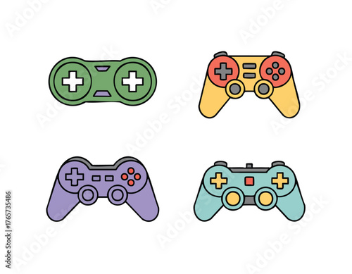 Four video game controllers each with distinct color schemes and button arrangements are arranged in a square layout